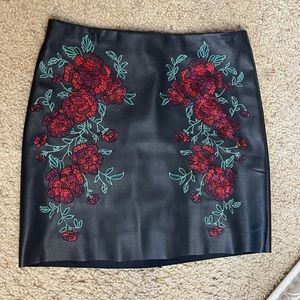 Express Black red green embroidered rose faux leather skirt